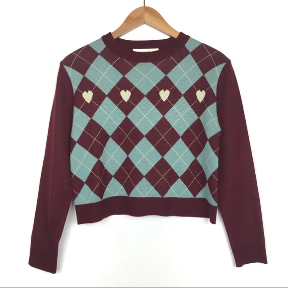 Margarin Fingers Sweaters - Margarin Fingers Heart Argyle Crop Knit Sweater